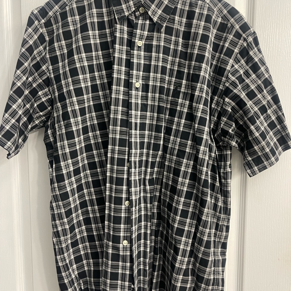 Men's Short Sleeve Polo Ralph Lauren Black and White Plaid Shirt Size Medium
